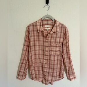 Treasure & Bond Pink and Red Plaid Long Button-Up Shirt